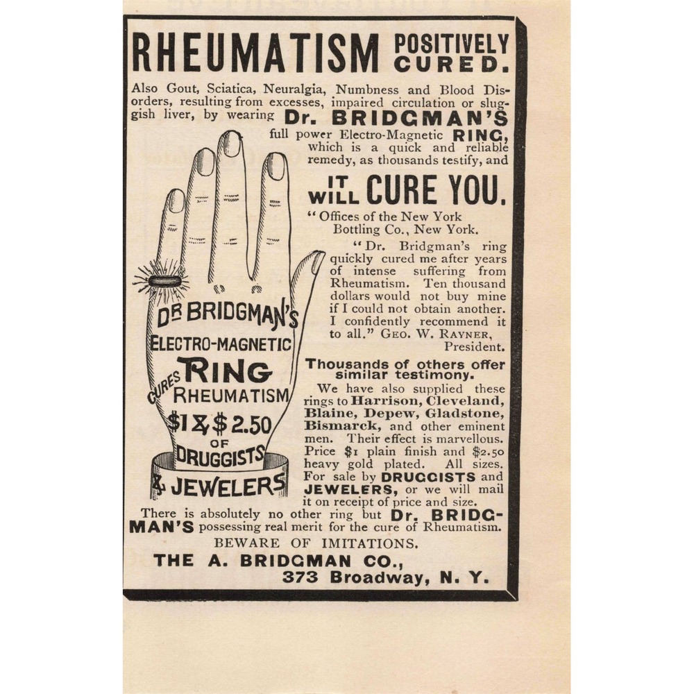 1892 Dr Bridgman Electro Magnetic Ring Rheumatism Gout Sciatica Print‎ Ad